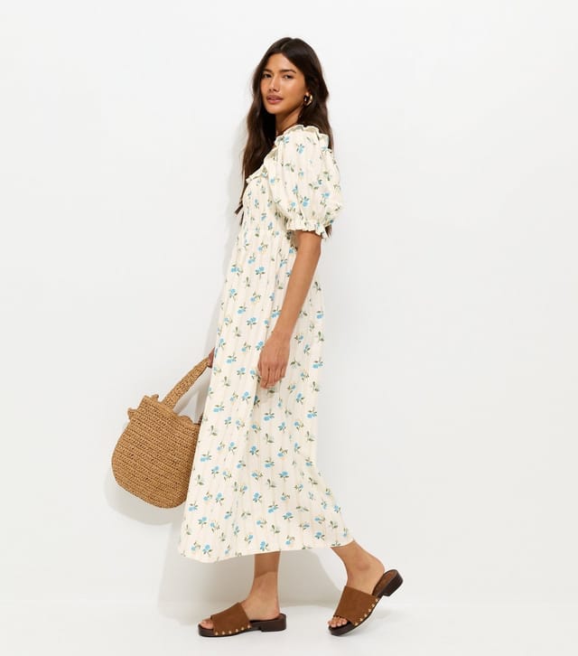 New Look Women's Cream Floral Print Shirred Frill Trim Midi Dress New Look - 3