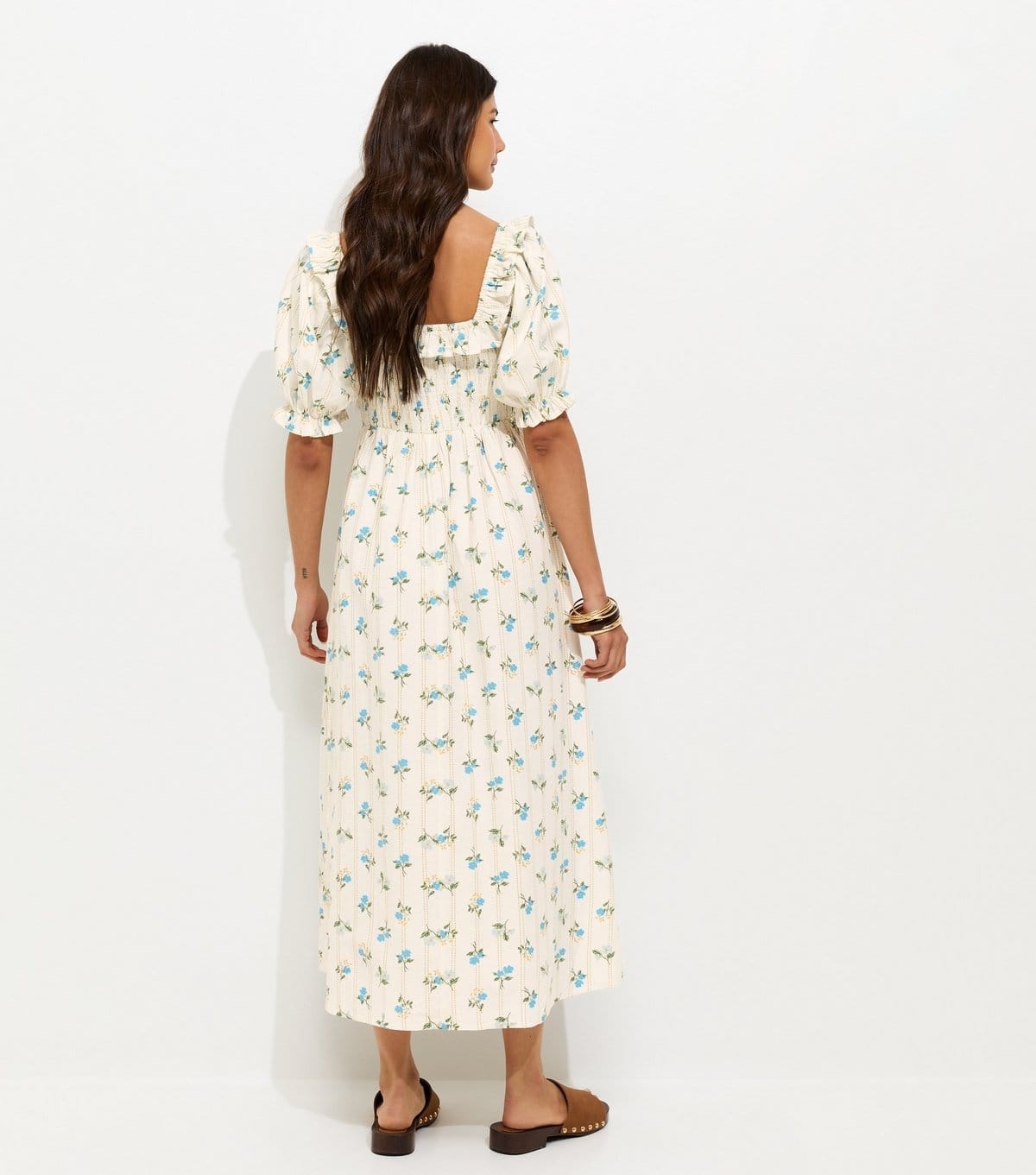 New Look Women's Cream Floral Print Shirred Frill Trim Midi Dress New Look - 4