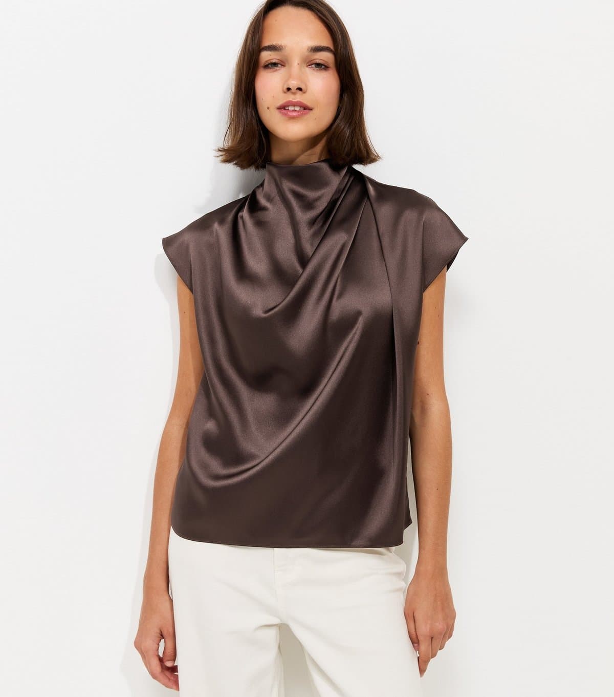 New Look Women's Dark Burgundy Satin Cowl Neck Sleeveless Top New Look