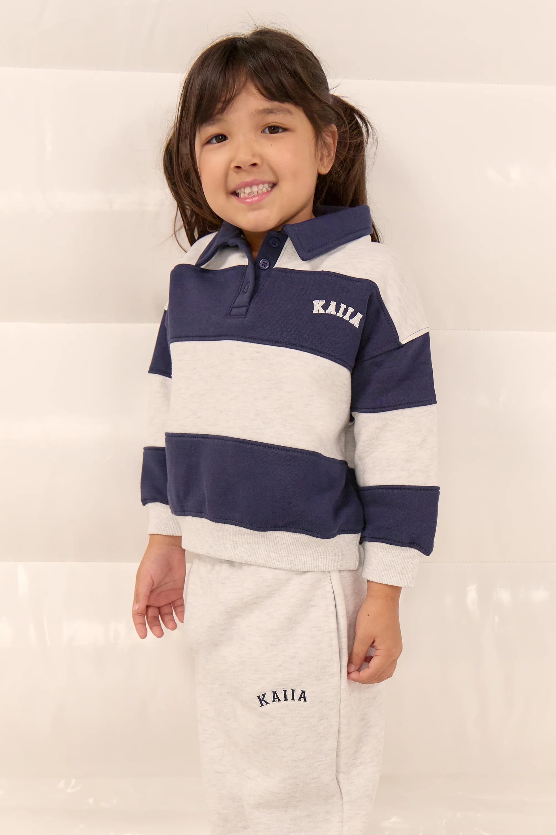 Kaiia Kaiia Kids Striped Oversized Rugby Sweatshirt Light Grey Marl & Navy