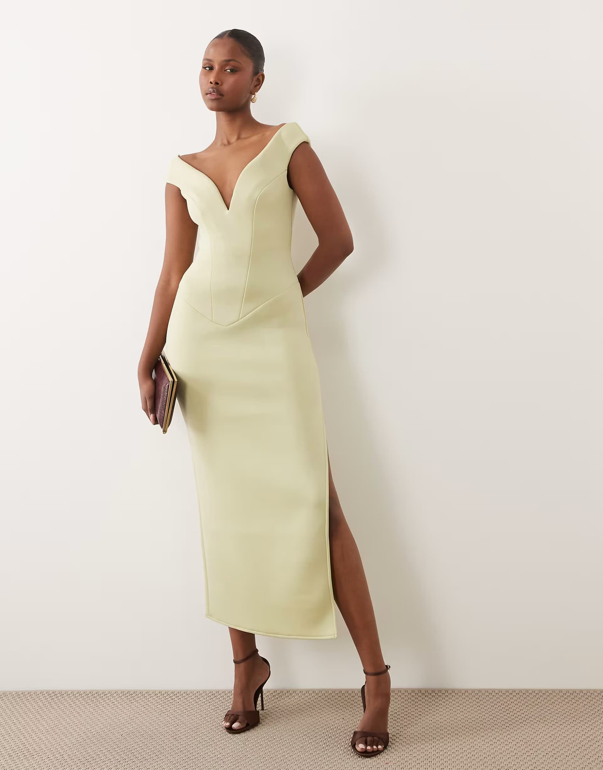 ASOS ASOS DESIGN v plunge bardot midi in sage green scuba-style fabric