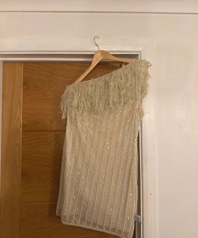 ASOS ASOS Luxe Cream Ivory Beaded Embellished Sequin One Shoulder Feather Trim Party Mini Dress