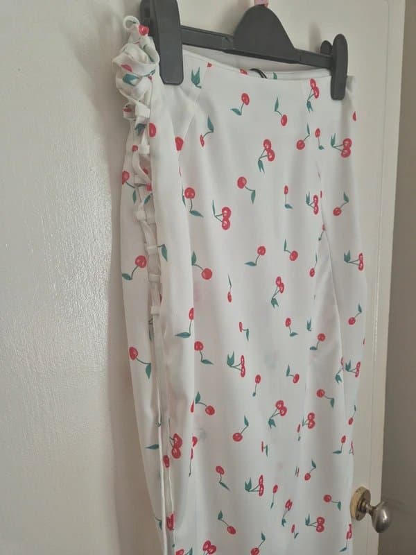 ASOS Size 10 ASOS Luxe White long cherry print summer skirt with lace up side detail