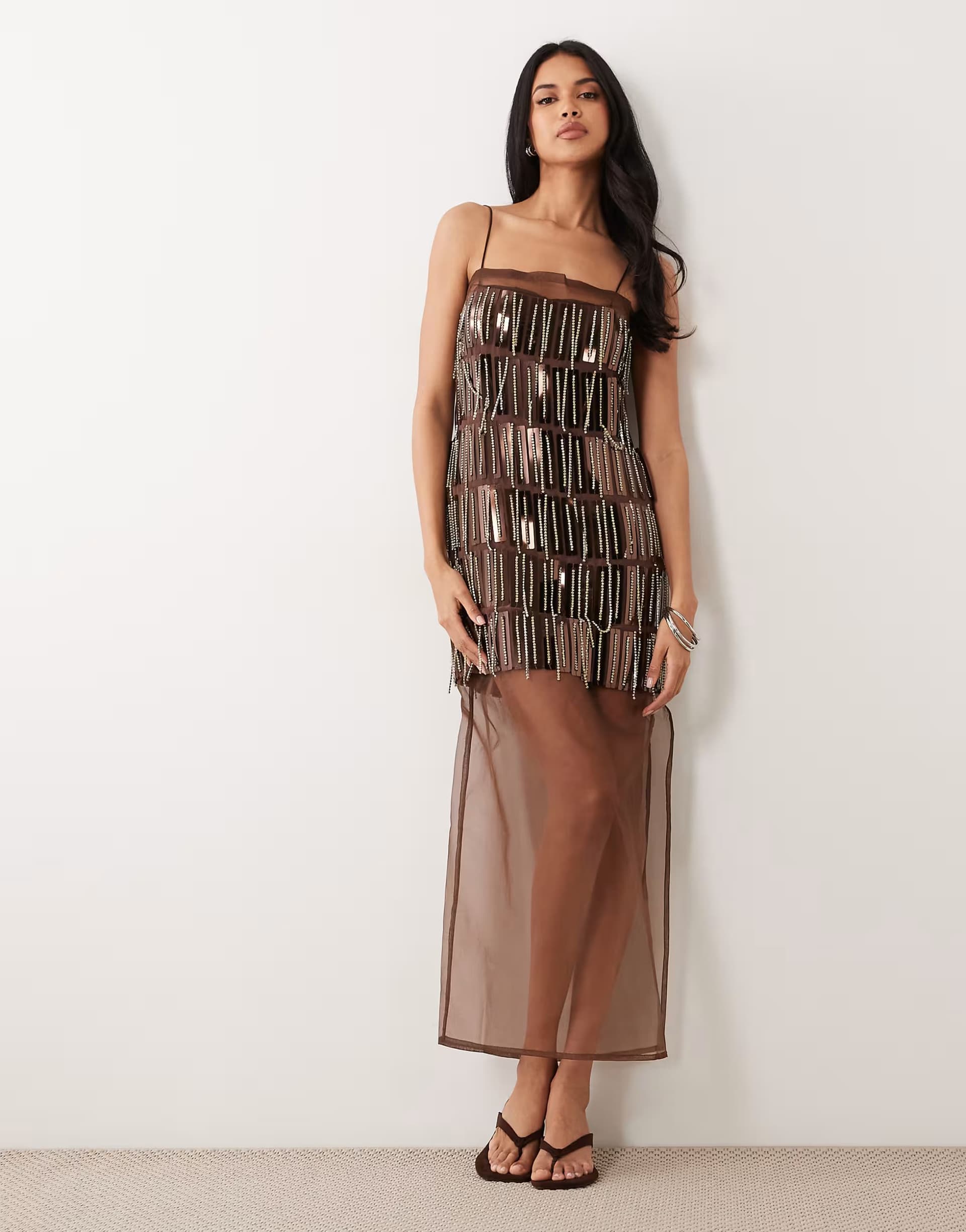 ASOS ASOS DESIGN cami embellished sheer mix column maxi dress in brown
