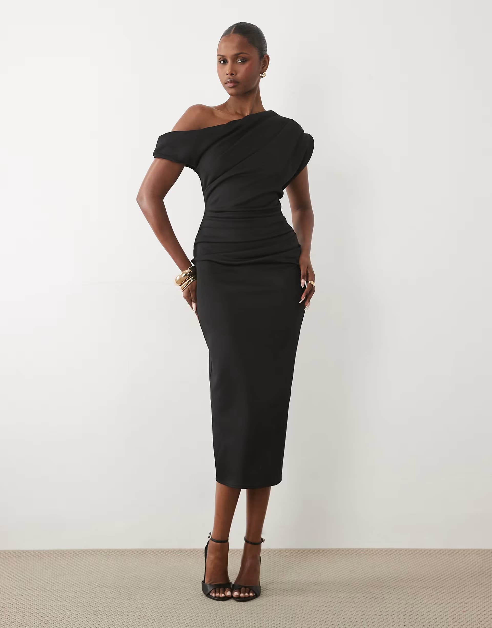 ASOS ASOS DESIGN asymmetric off shoulder midi dress in black scuba-style fabric