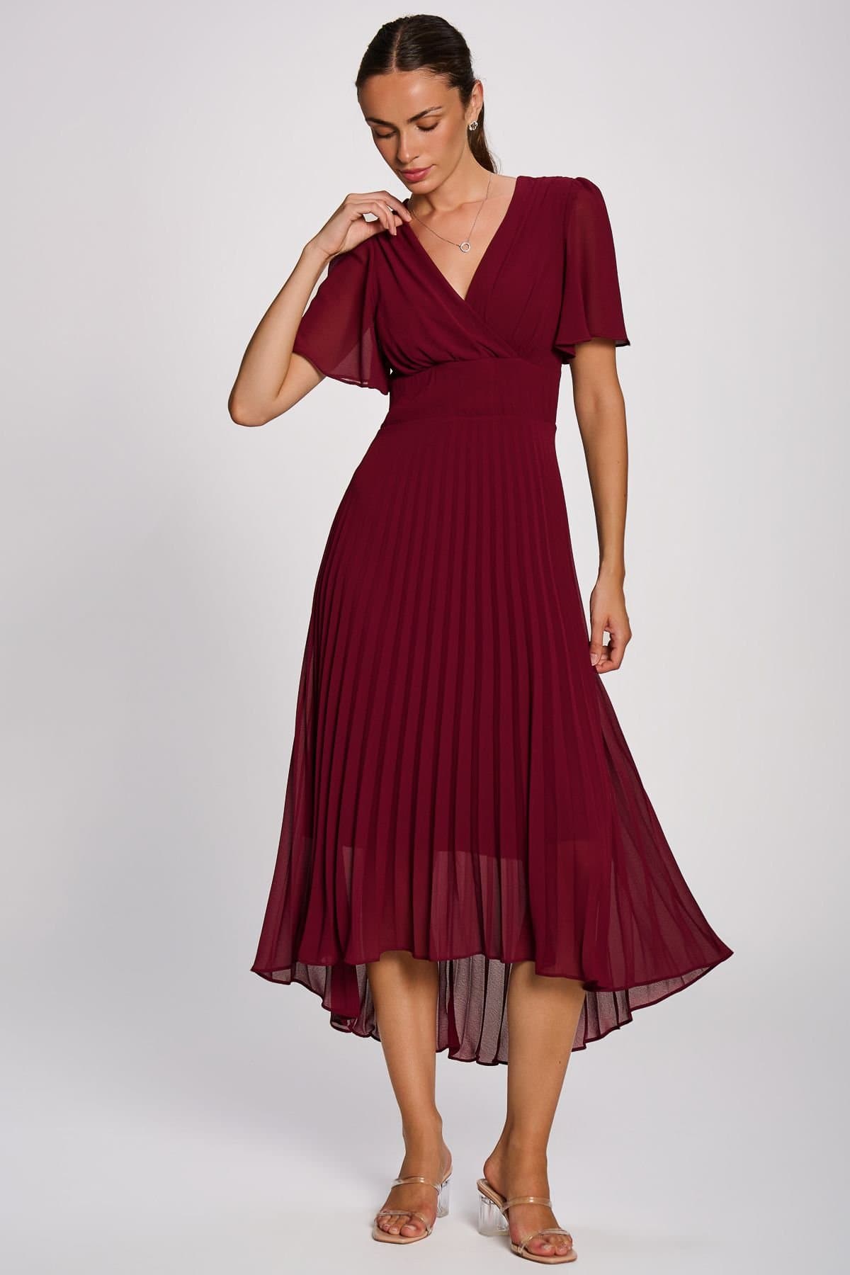 Jolie Moi Jolie Moi Women's Chiffon Pleated Maxi Dress in Burgundy