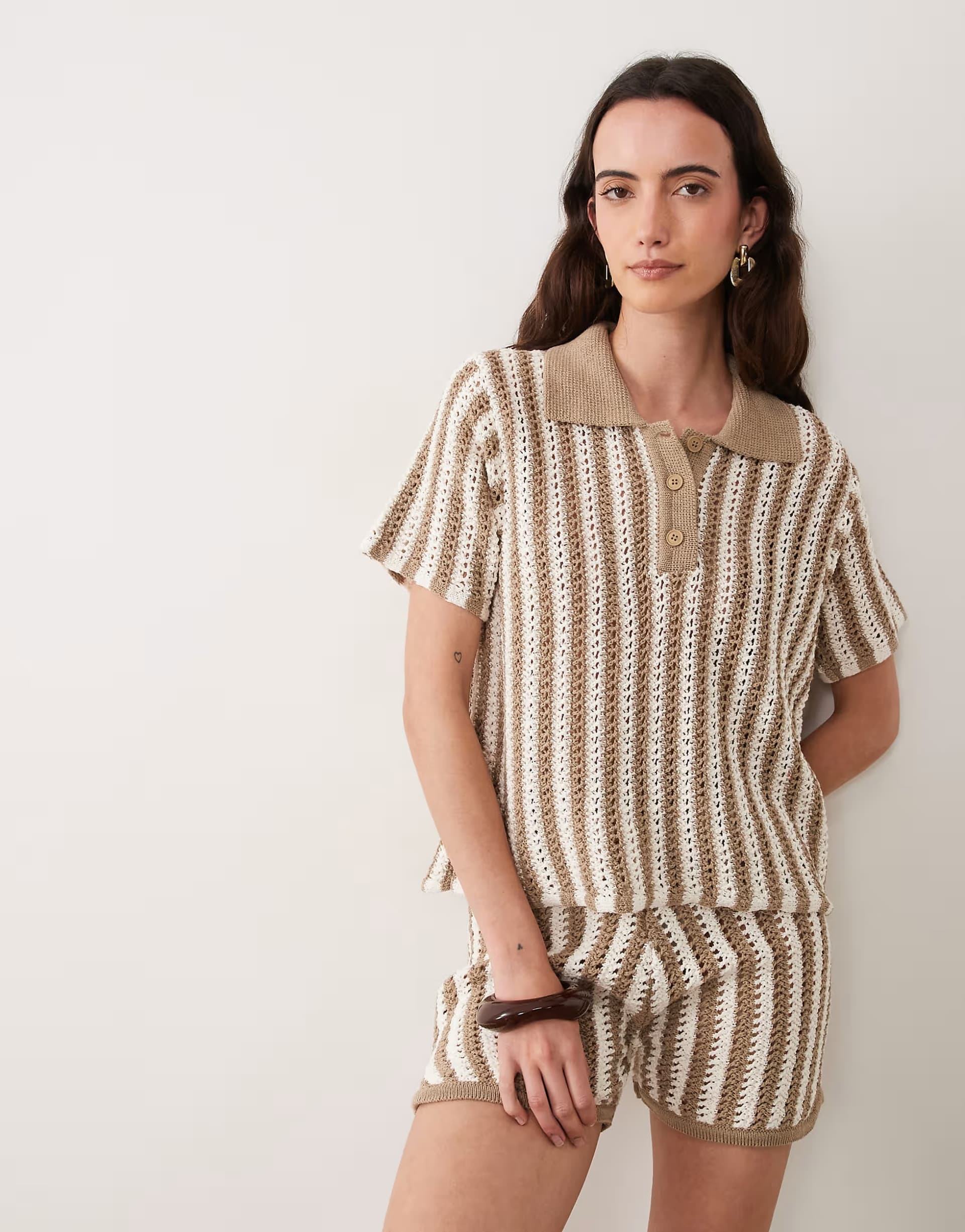 ASOS ASOS DESIGN knitted crochet polo top co-ord in brown stripe