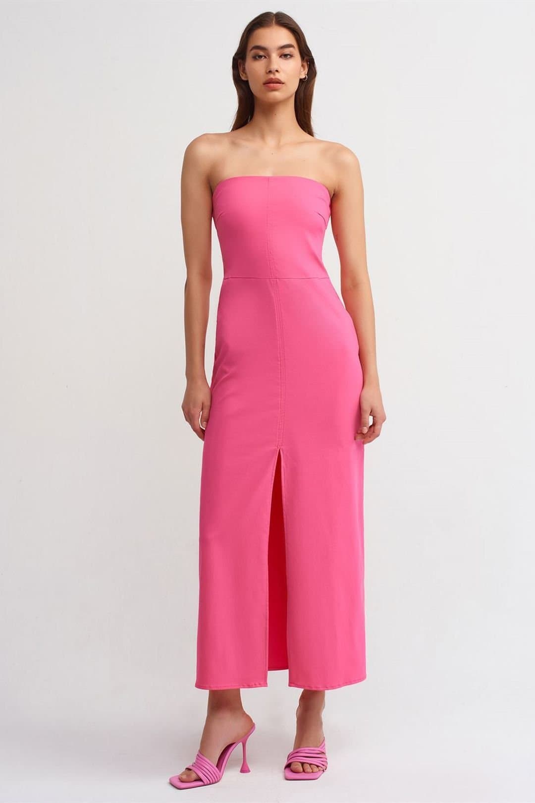 Dilvin Dilvin Women's Strapless Fitted Midi Dress With Slit in Bright Pink