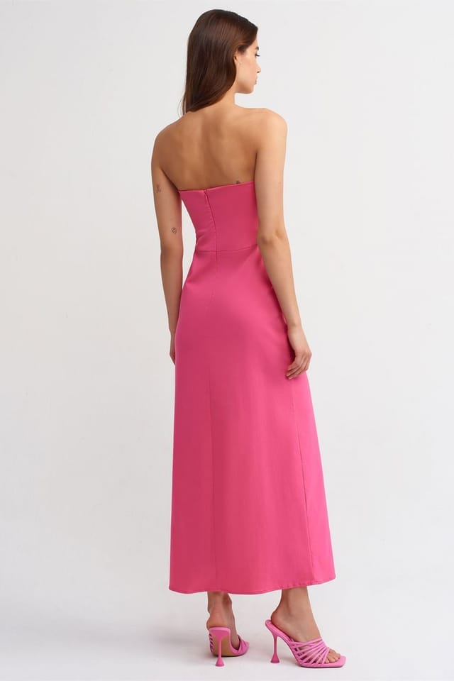 Dilvin Dilvin Women's Strapless Fitted Midi Dress With Slit in Bright Pink - 2