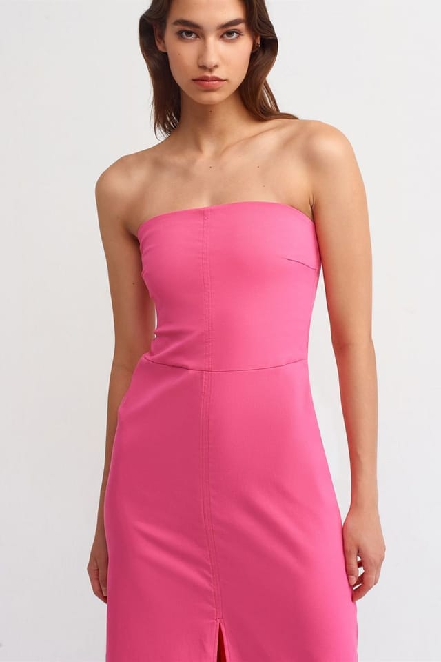 Dilvin Dilvin Women's Strapless Fitted Midi Dress With Slit in Bright Pink - 3