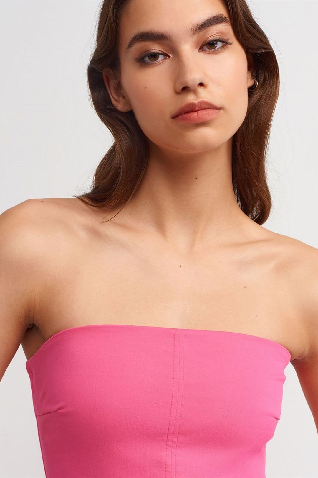 Dilvin Dilvin Women's Strapless Fitted Midi Dress With Slit in Bright Pink - 4