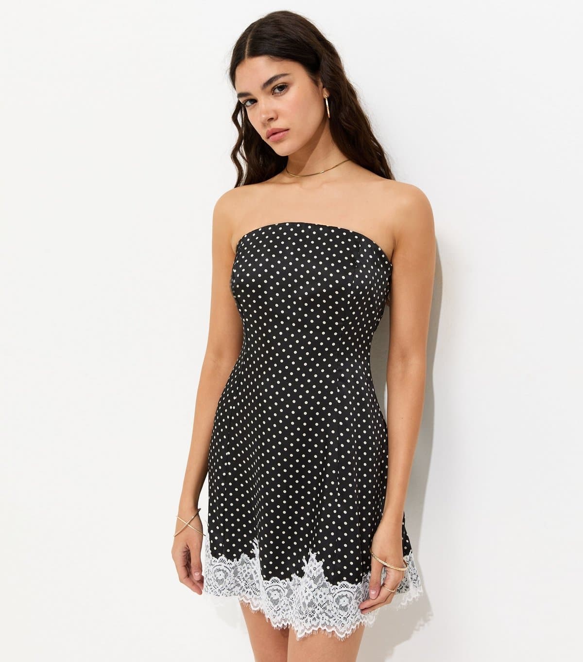 New Look Women's Black Polka Dot Satin Lace Trim Mini Dress New Look
