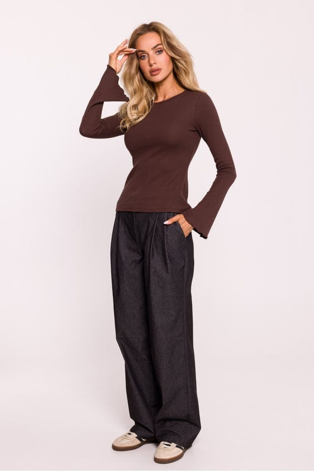 Love Lace Love Lace Women's Ribbed Cotton Fitted Long Sleeve Blouse Style 199660 in Brown - 2