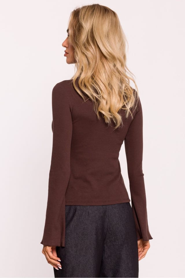 Love Lace Love Lace Women's Ribbed Cotton Fitted Long Sleeve Blouse Style 199660 in Brown - 3