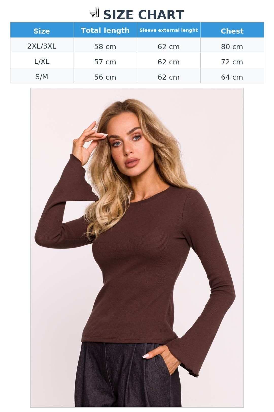 Love Lace Love Lace Women's Ribbed Cotton Fitted Long Sleeve Blouse Style 199660 in Brown - 4