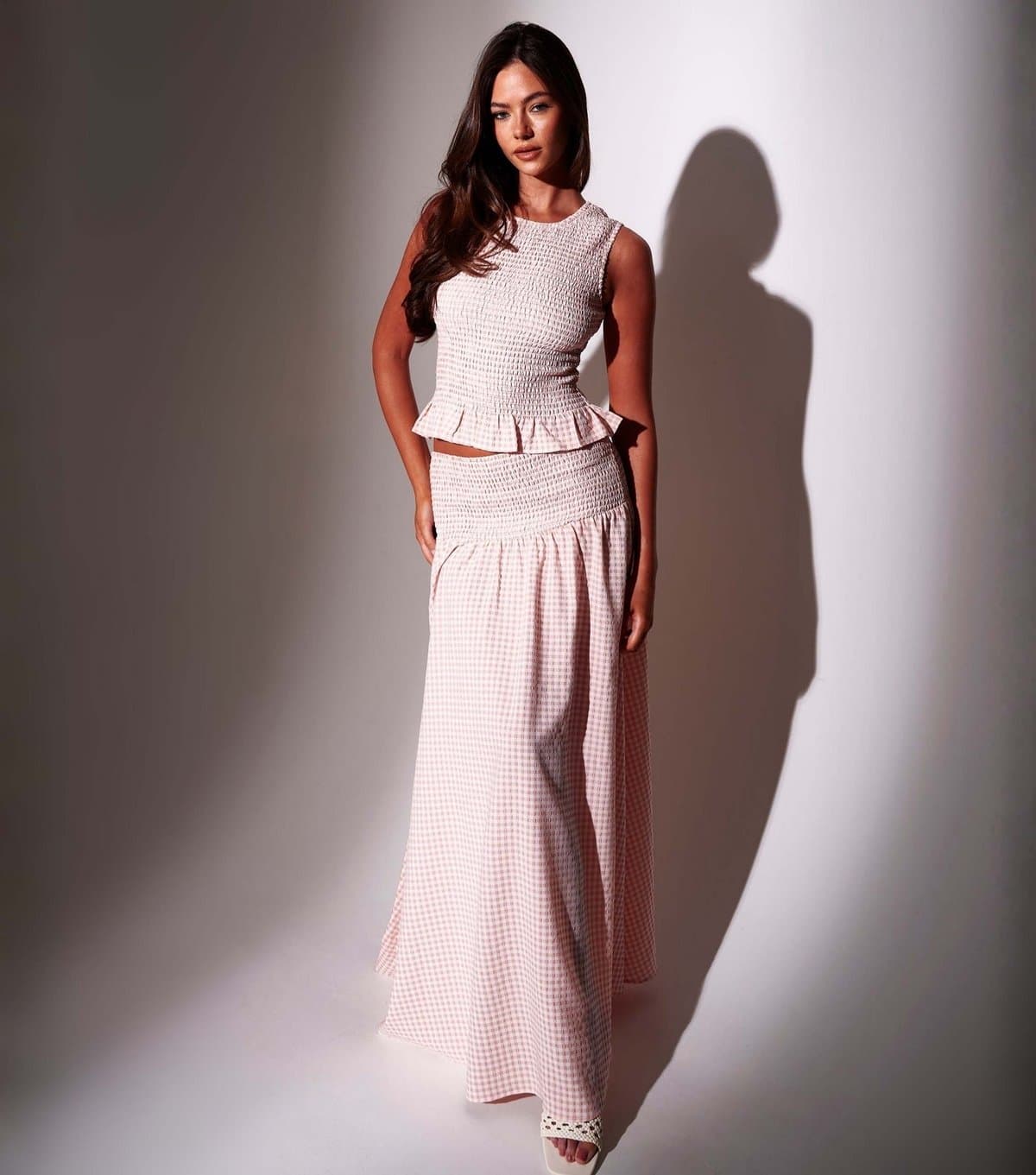South Beach Women's Light Coral Gingham Shirred Maxi Skirt South Beach New Look