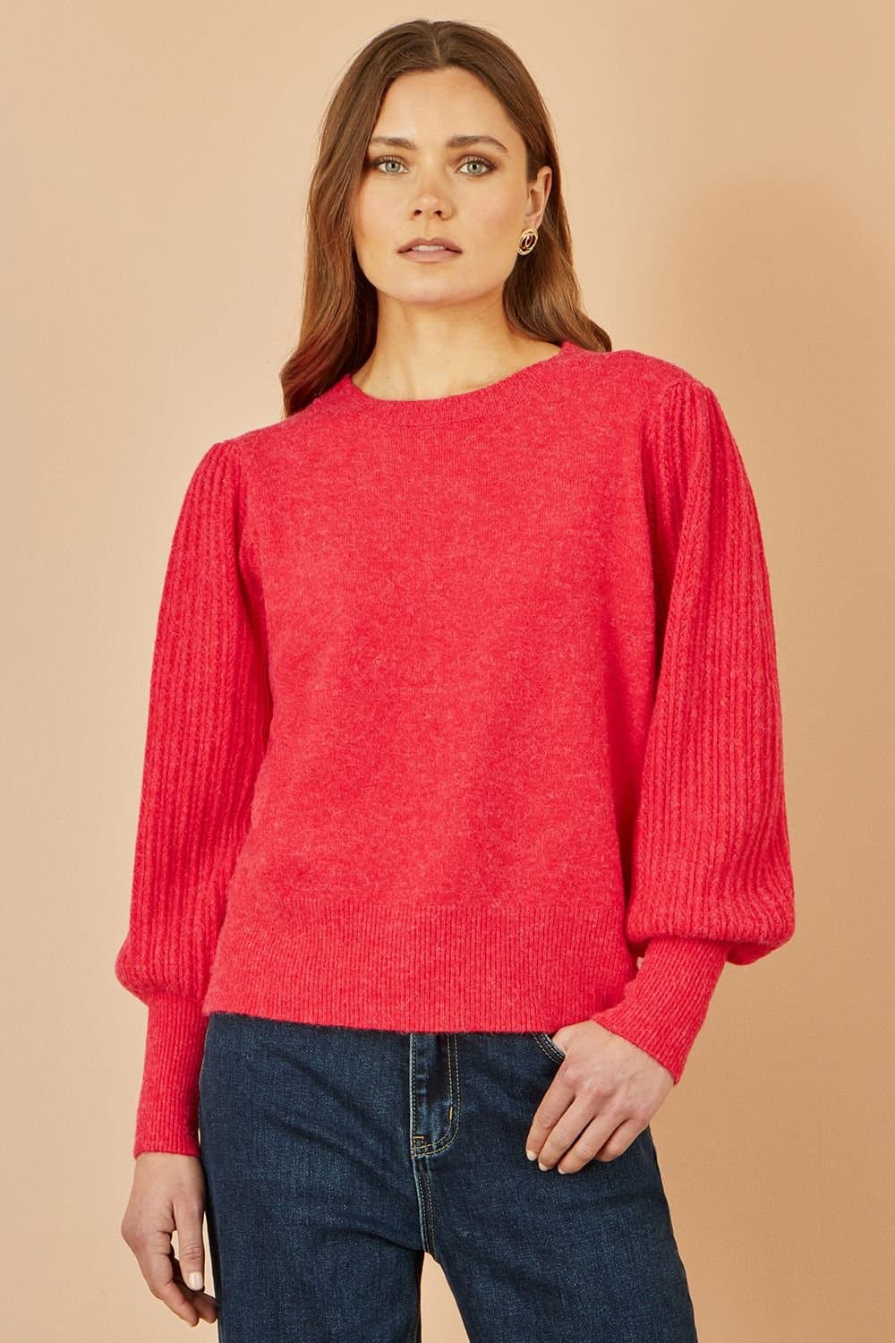 Yumi Yumi Women's Red Knitted Balloon Sleeve Jumper