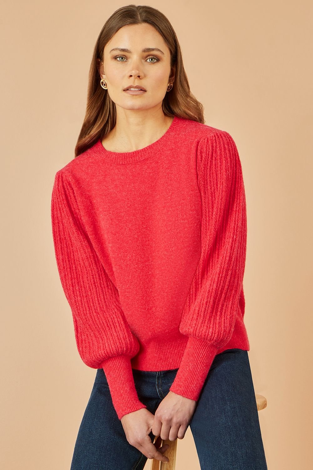 Yumi Yumi Women's Red Knitted Balloon Sleeve Textured Jumper - 2