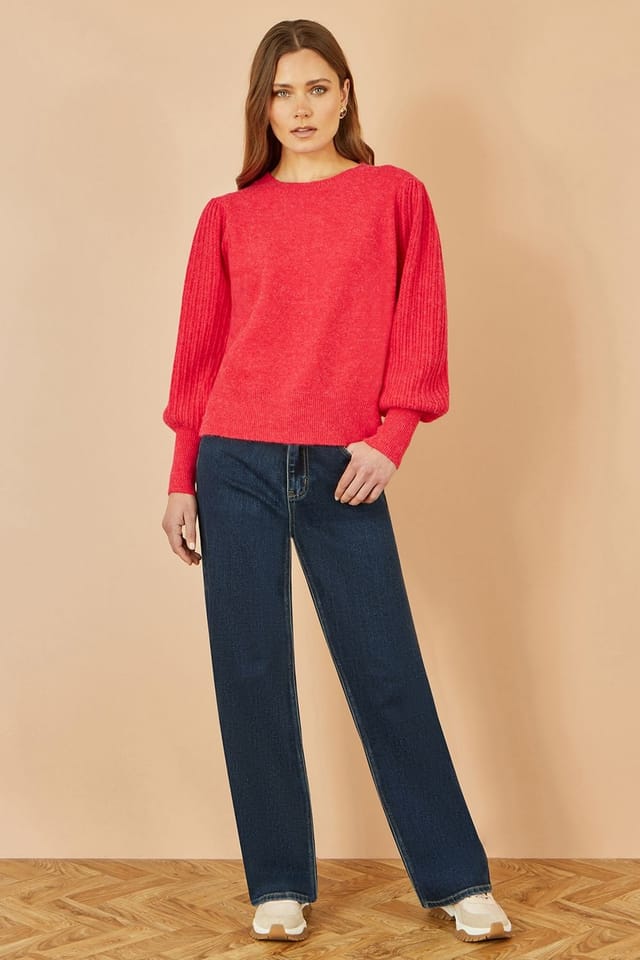 Yumi Yumi Women's Red Knitted Balloon Sleeve Textured Jumper - 3