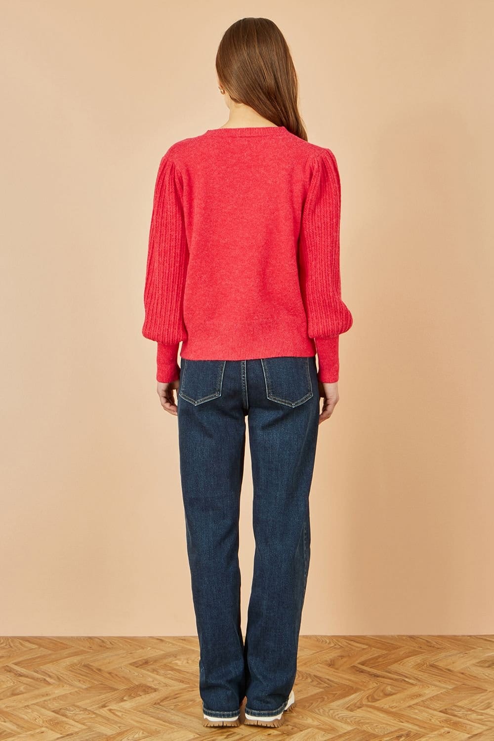 Yumi Yumi Women's Red Knitted Balloon Sleeve Textured Jumper - 4