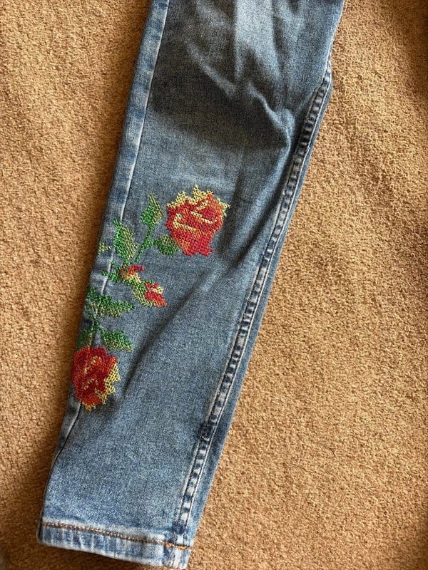 Topshop Blue Denim Embroidered Floral Skinny Jeans