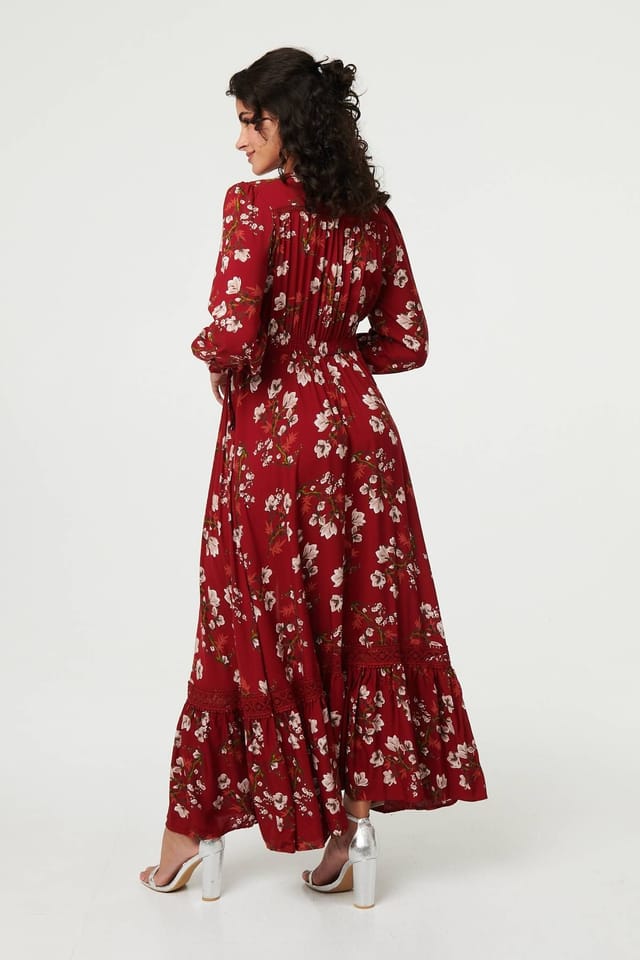 Izabel London Izabel London Women's Floral Long Sleeve Lace Trim Maxi Dress in Red - 2