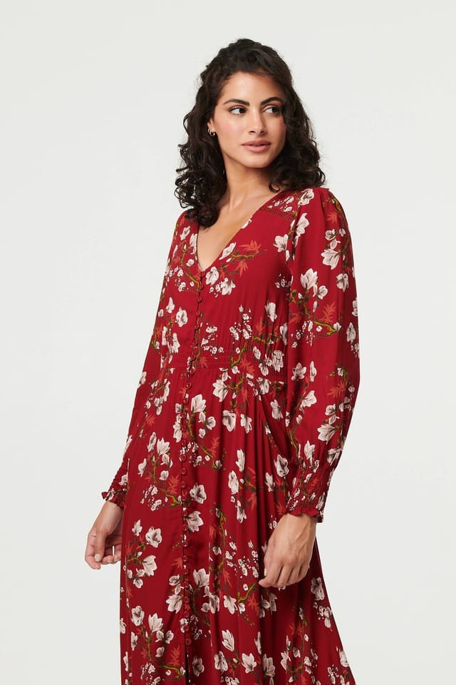Izabel London Izabel London Women's Floral Long Sleeve Lace Trim Maxi Dress in Red - 3