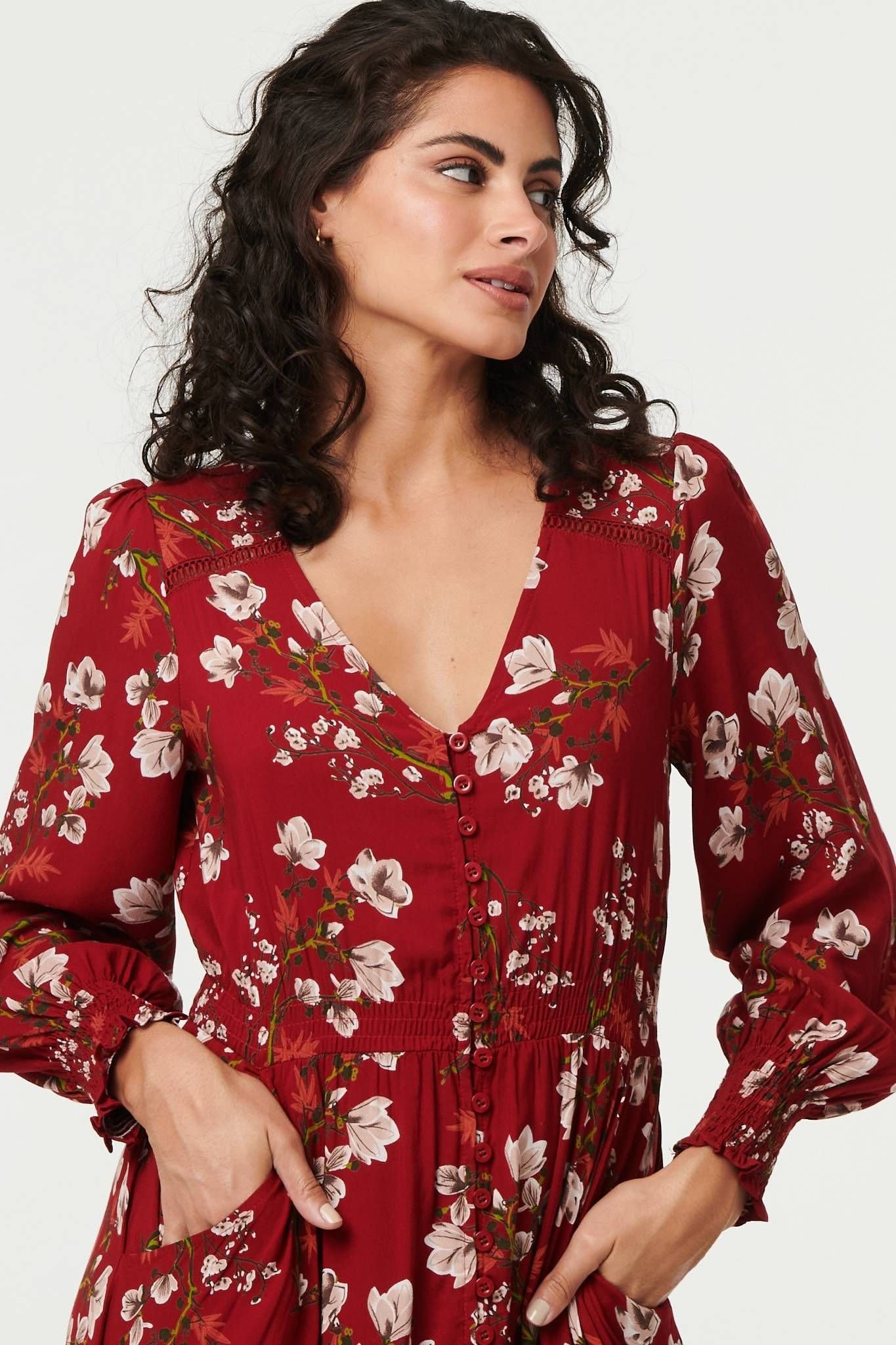 Izabel London Izabel London Women's Floral Long Sleeve Lace Trim Maxi Dress in Red - 4