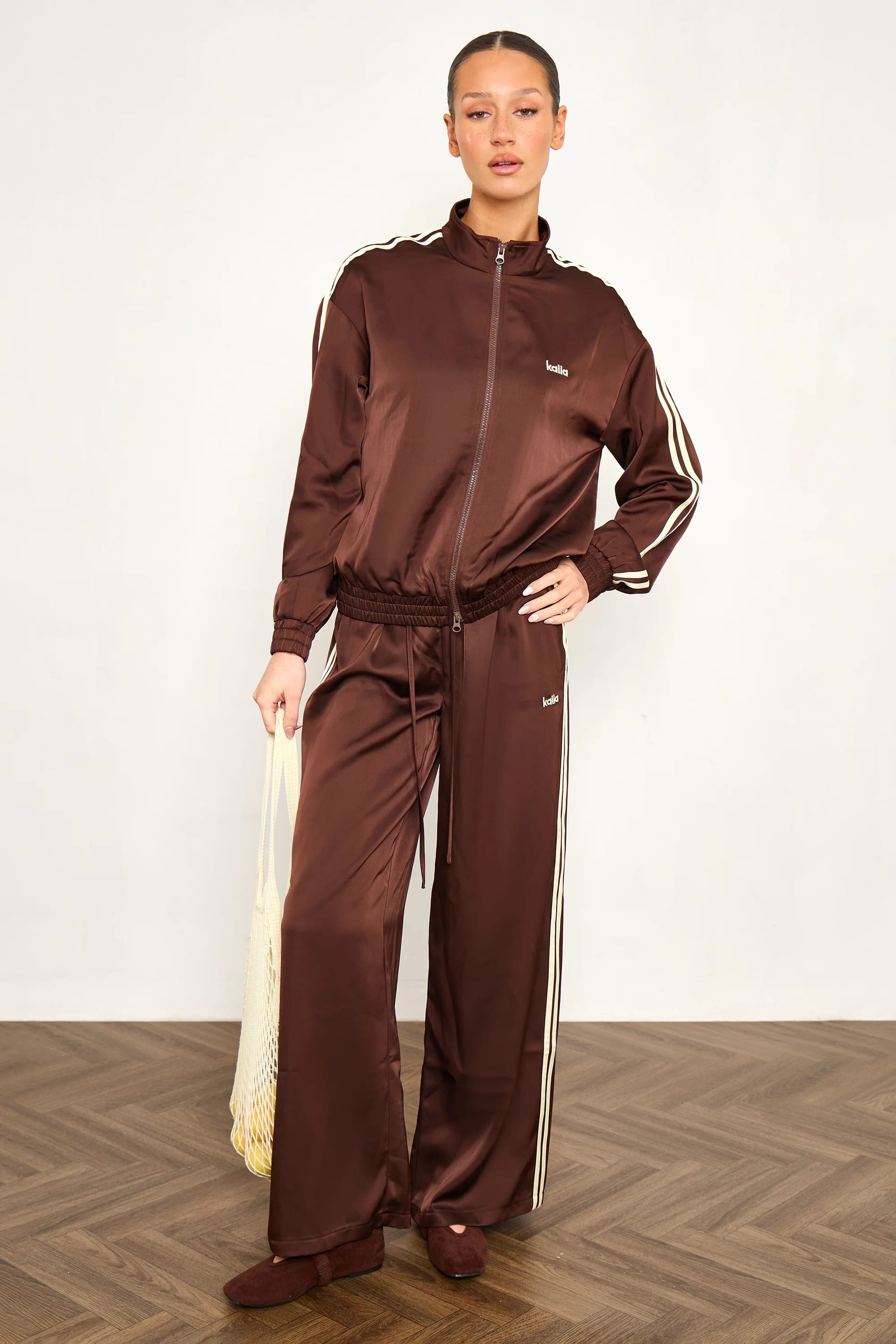Kaiia Satin Side Stripe Wide Leg Trousers Cocoa Brown & Lemon