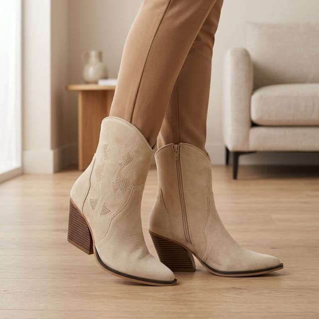 Truffle Collection Truffle Collection Women's Calf Boots Pointed Toe Zip Fastening Microfibre Block Heel Shoes in Beige - 2