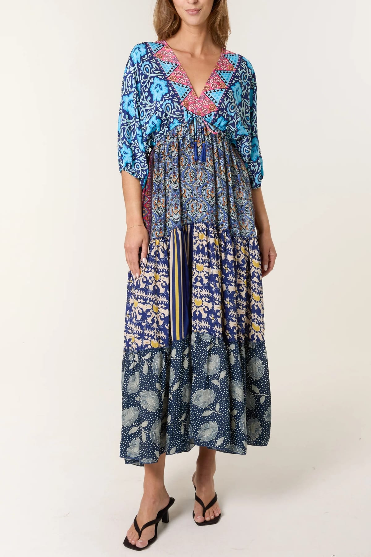 Blue Vanilla Mixed Print Double V Neck Dress - 1
