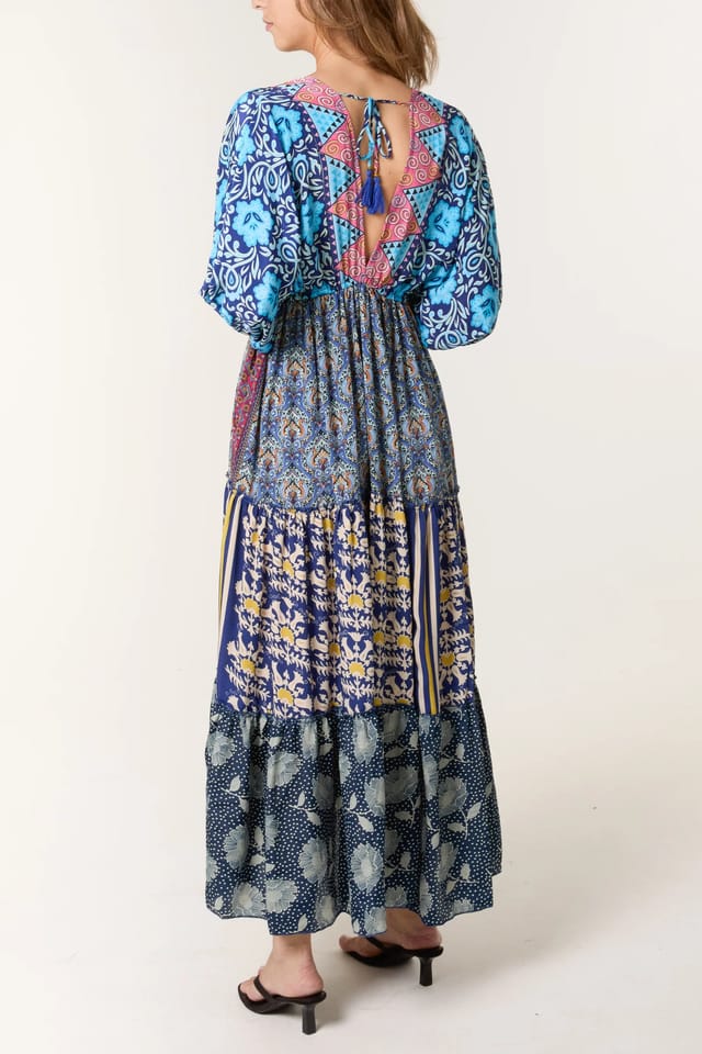 Blue Vanilla Mixed Print Double V Neck Dress - 2