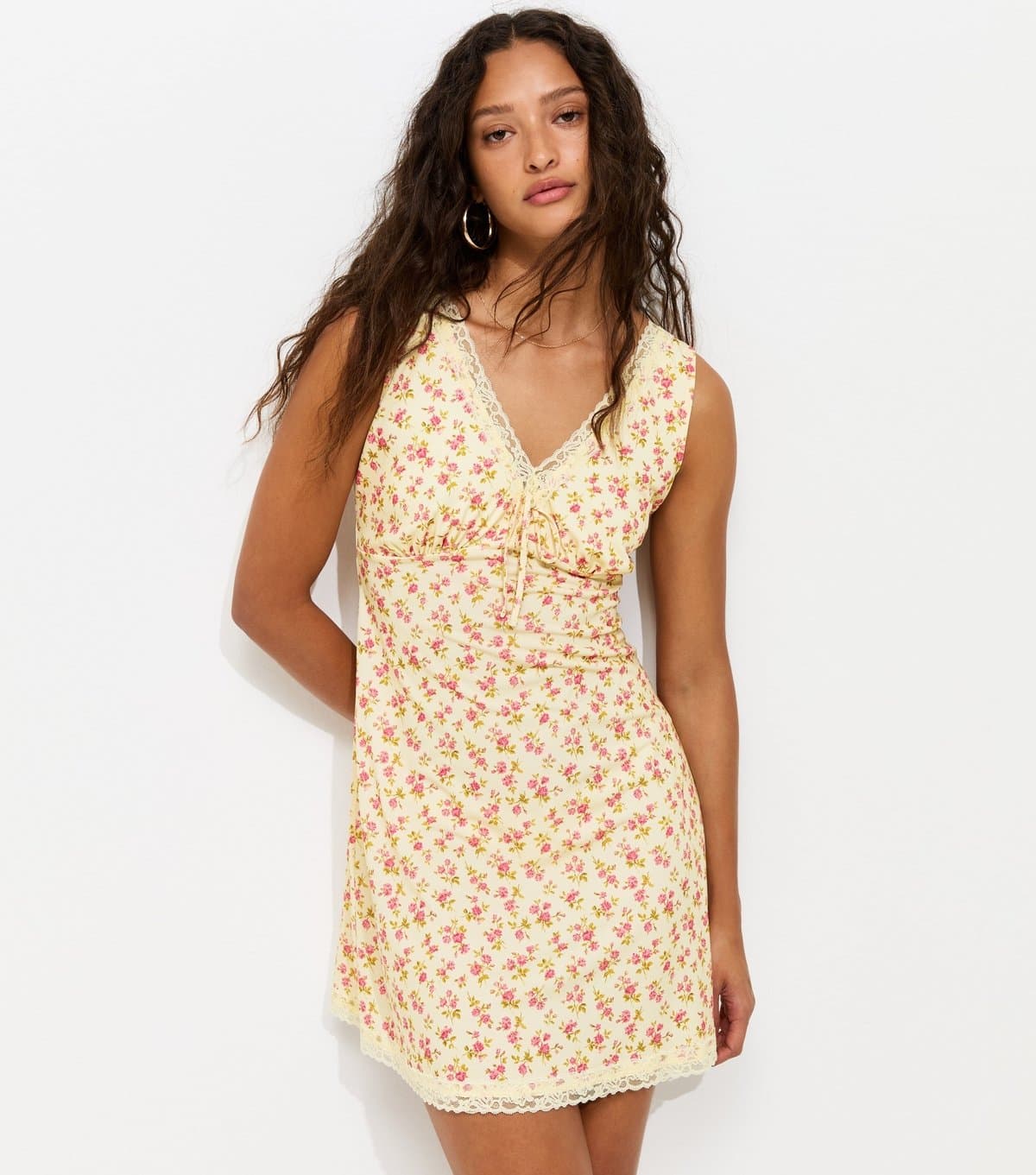 New Look Women's Yellow Floral Lace Trim Sleeveless Mini Dress New Look