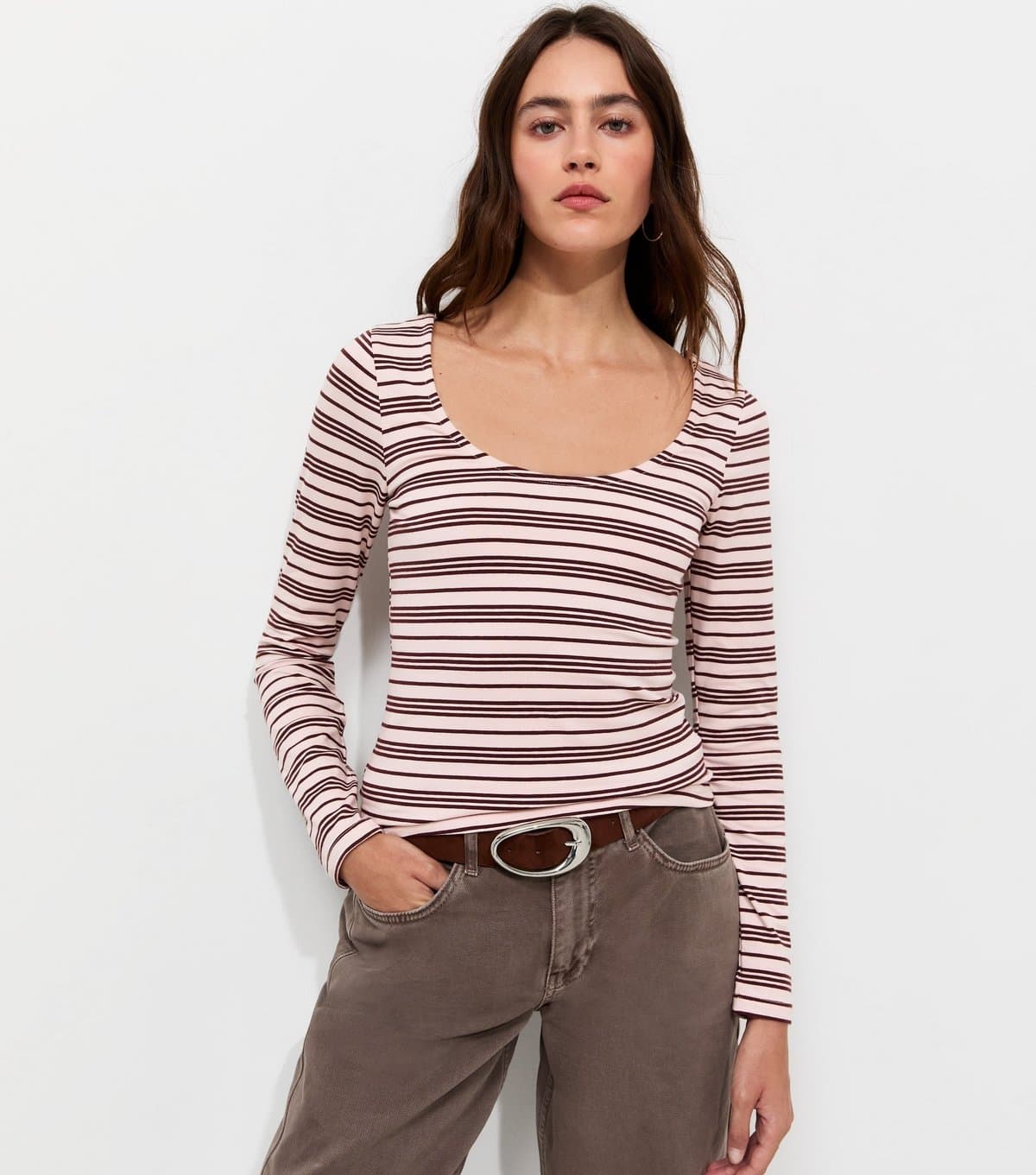 New Look Women's Pink Cotton Rich Striped Long Sleeve Scoop Neck Top New Look