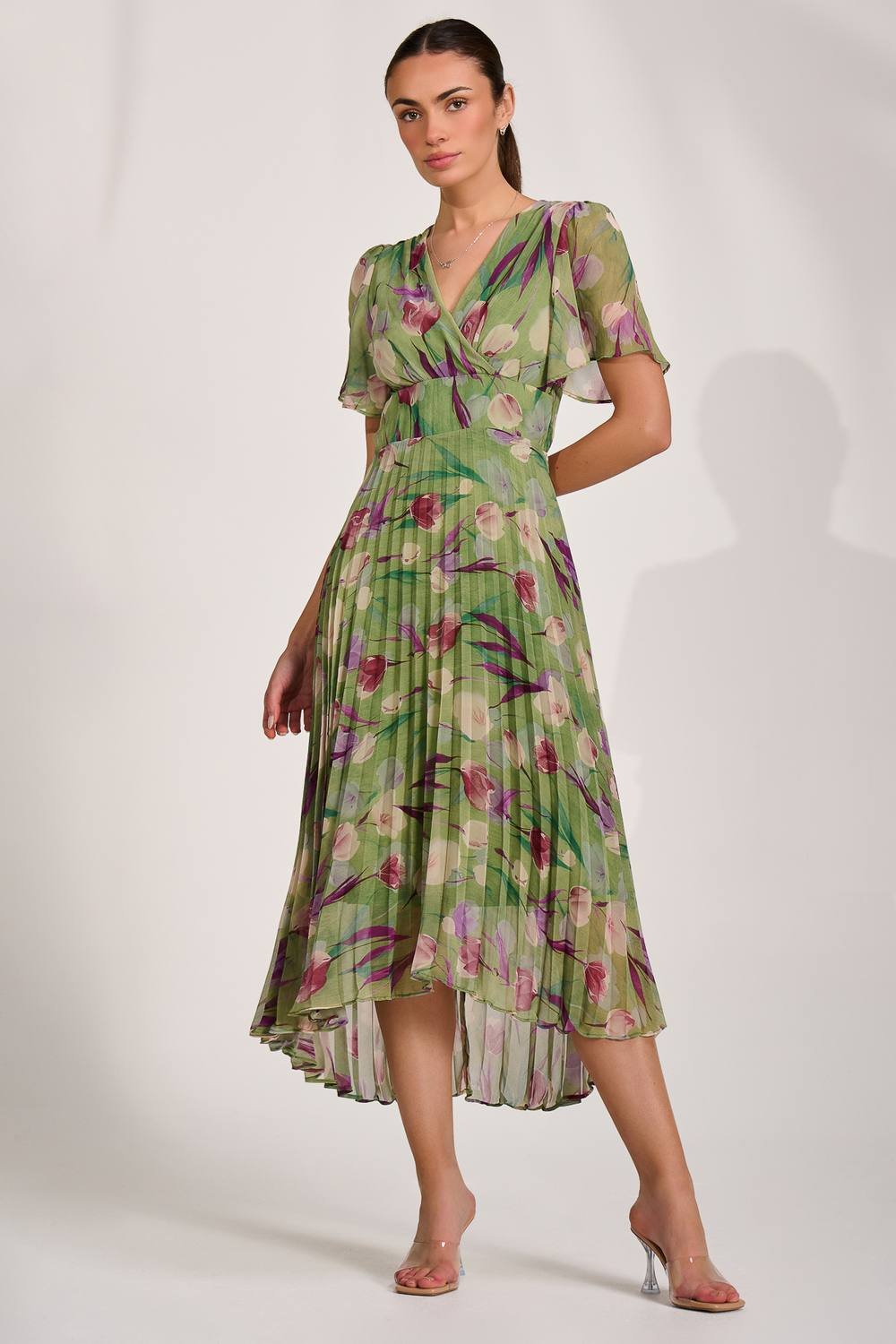 Jolie Moi Jolie Moi Women's Chiffon Pleated Maxi Dress in Bright Green - 2