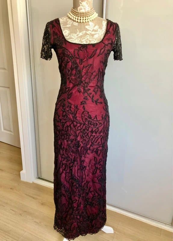 Vintage Dressing Vintage Beaded Maxi Dress Whimsigoth Gothic Glam Burgundy & Black Formal Prom Gown