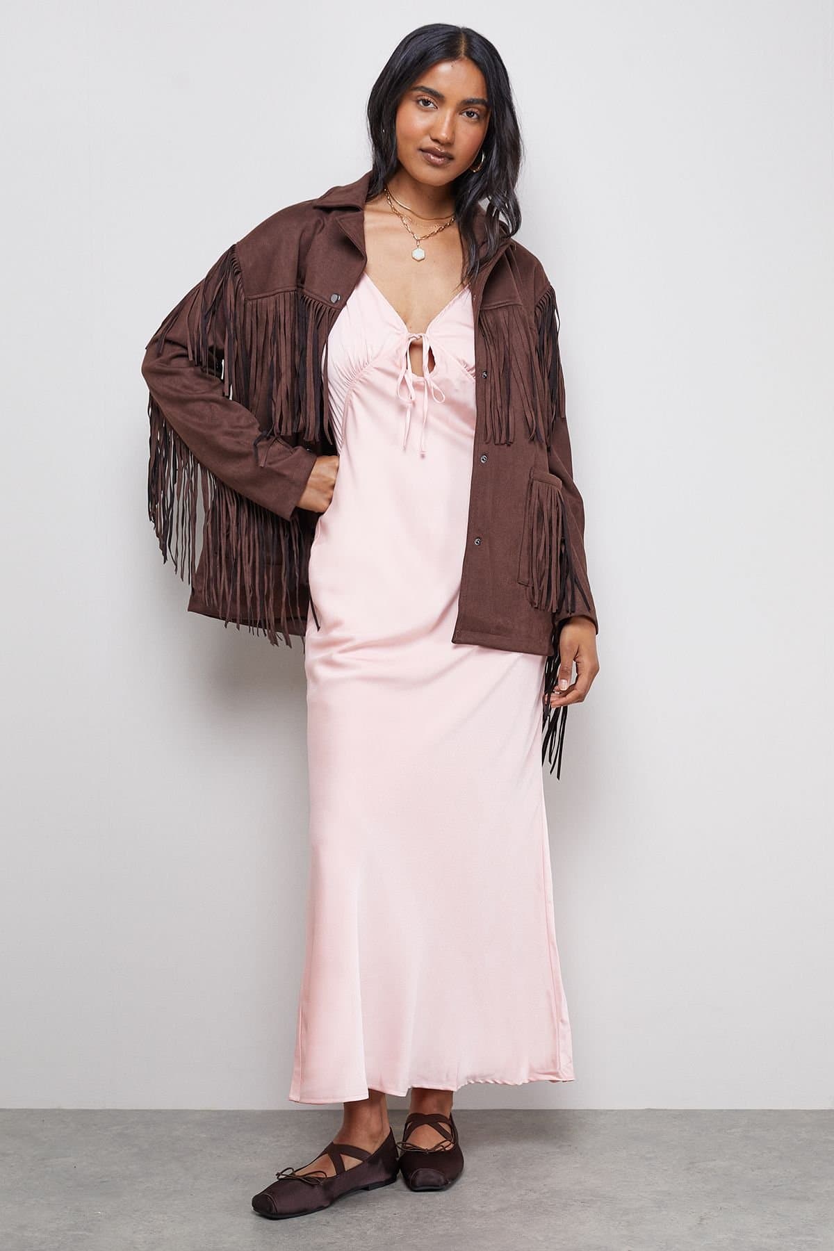 Warehouse Warehouse Women's Satin Strappy Tie Front Maxi Slip Dress in Peach