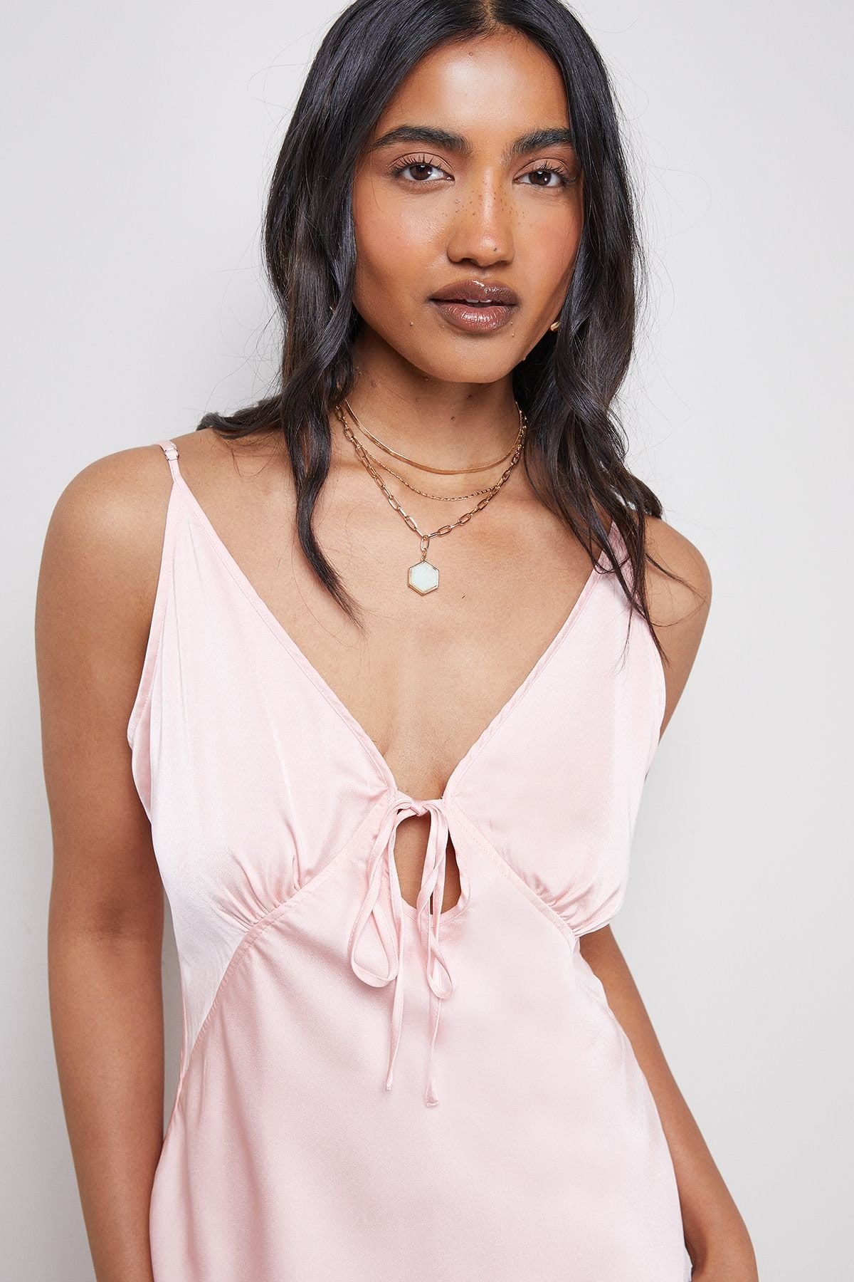 Warehouse Warehouse Women's Satin Strappy Tie Front Maxi Slip Dress in Peach - 4