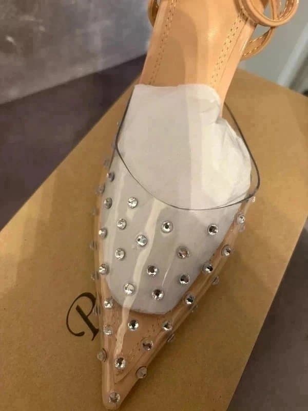 PLT Nude Perspex rhinestone diamanté blush cream see through ankle strap heel sparkle occasion shoes UK3