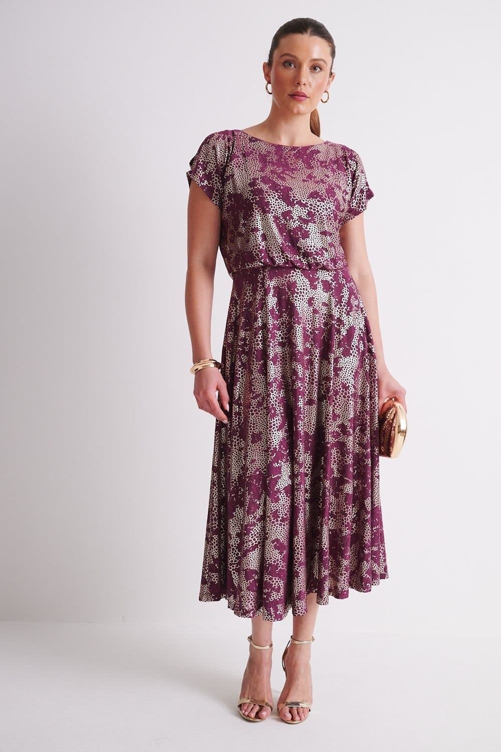 Klass. Klass. Women's Foil Printed Midi Dress in Burgundy