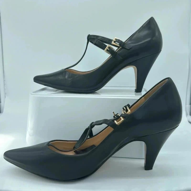 Clarks Clarks Leather Strappy Heels Size 5.5 D T-Bar Sandals Black point 2 buckles