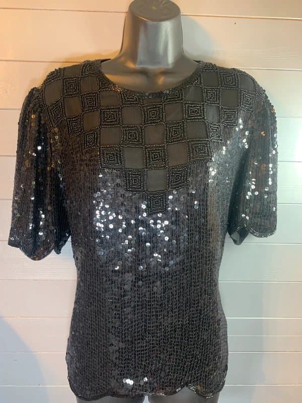 acme design Vintage Sequin & Beaded Evening Top Silk