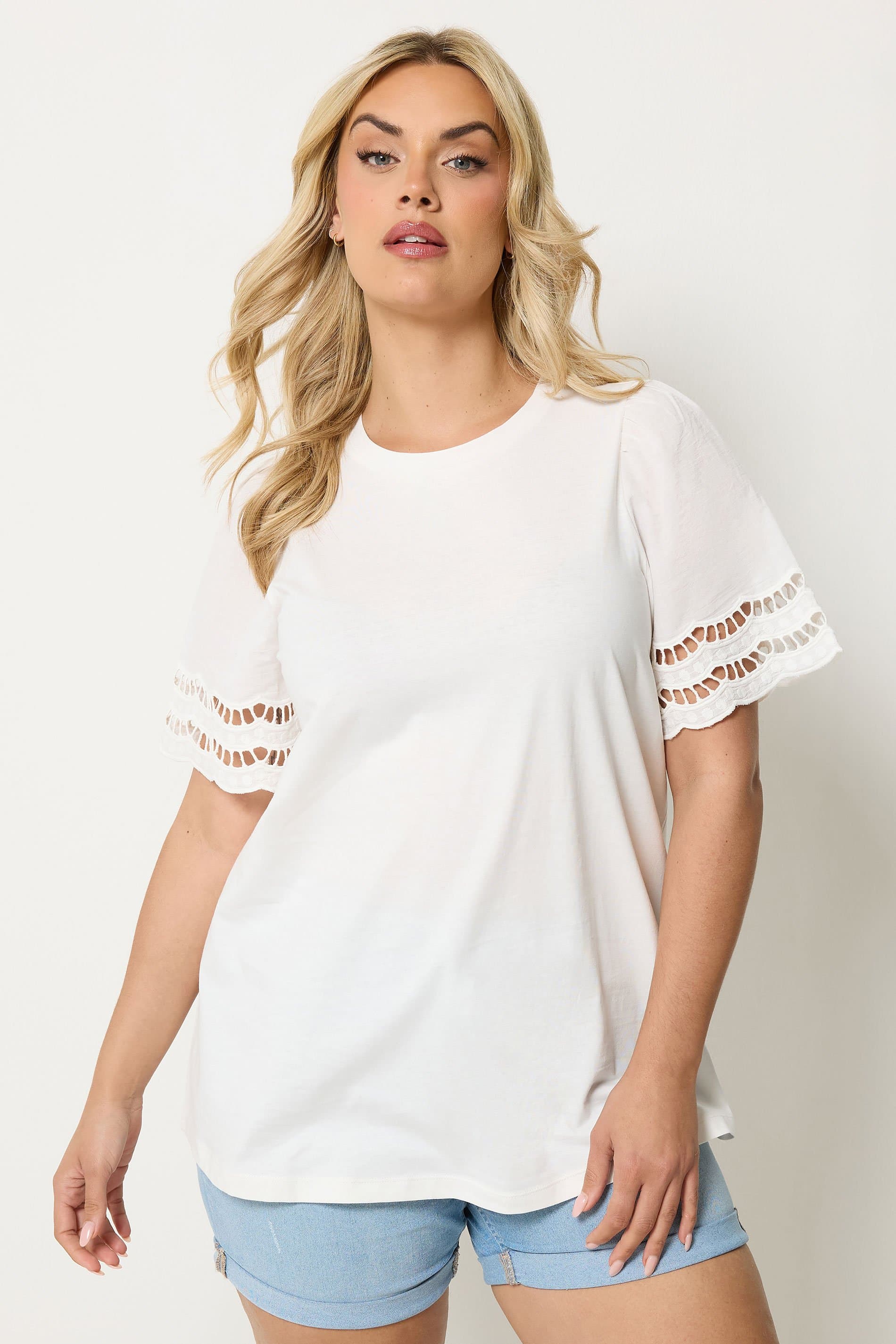 Yours Plus Size White Broderie Anglaise Angel Sleeve Tshirt