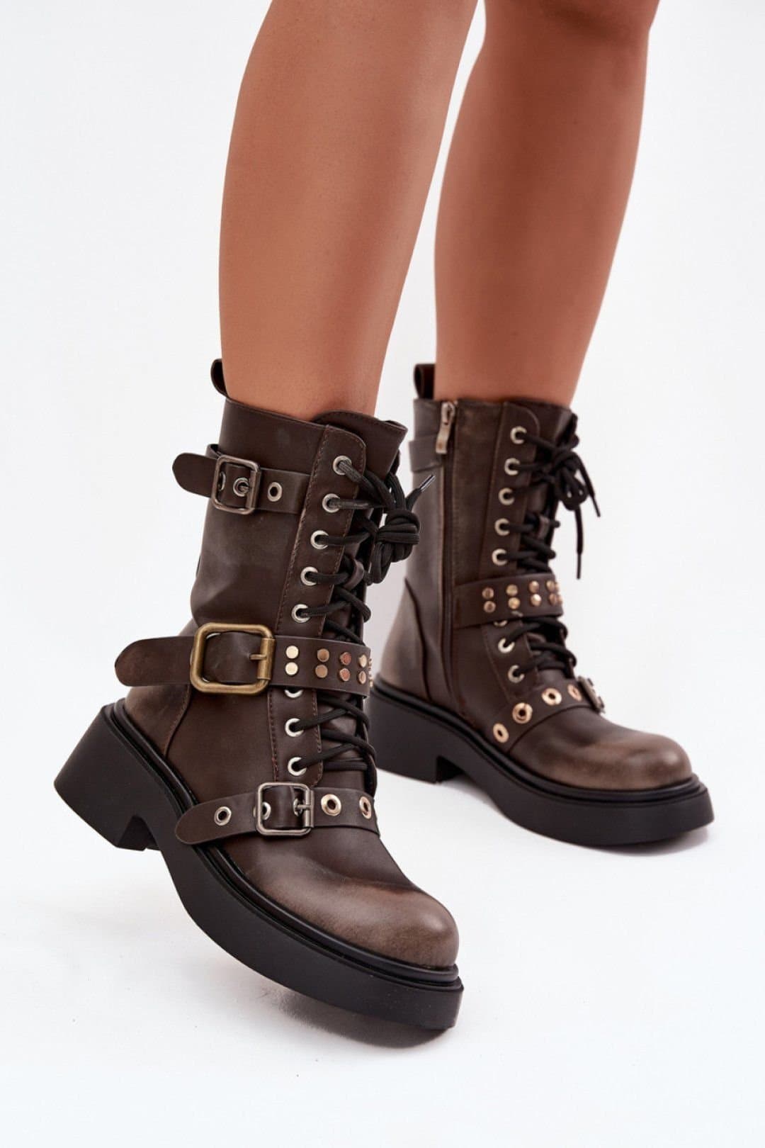 Love Lace Love Lace Brown Ankle Boots with Zipper & Lace Buckle Straps