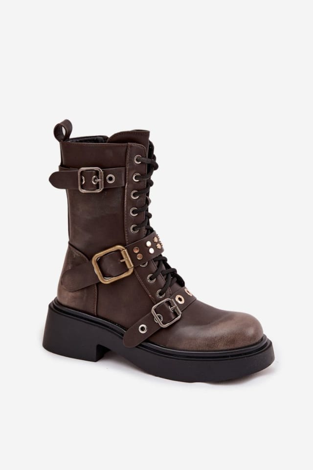 Love Lace Love Lace Women's Ankle Boots with Zipper & Lace Buckle Straps Round Toe in Brown - 2
