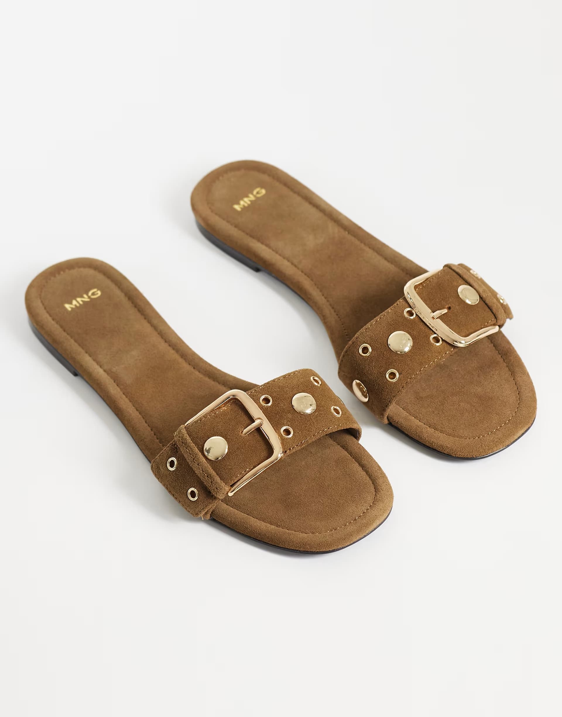 ASOS Mango 100% suede leather buckle detail flat slider in tan