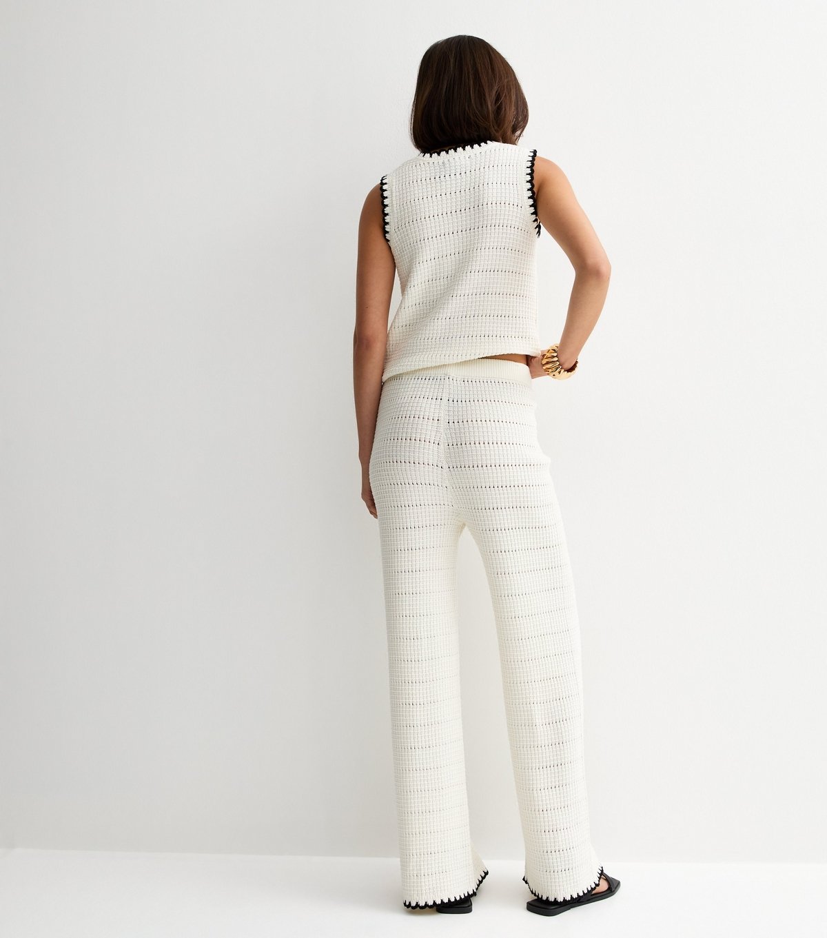 New Look Women's Cream Cotton Rich Blanket Stitch Wide Leg Trousers New Look - 4