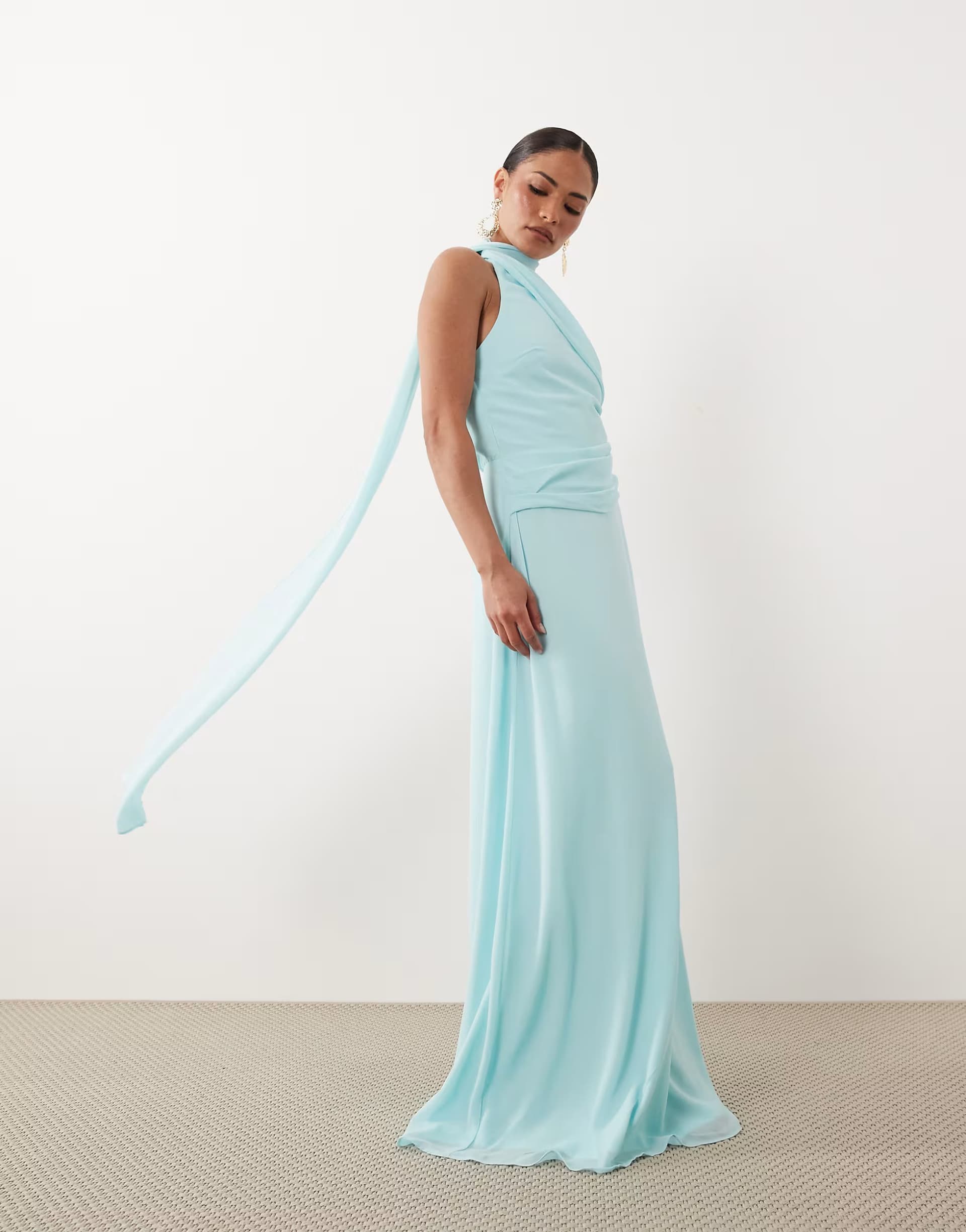 ASOS TFNC Petite chiffon one shoulder scarf neck maxi dress in baby blue