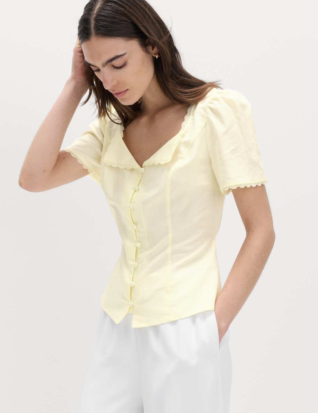 Marks & Spencer M&S Cotton Blend Lace Detail Waisted Top Pale Yellow