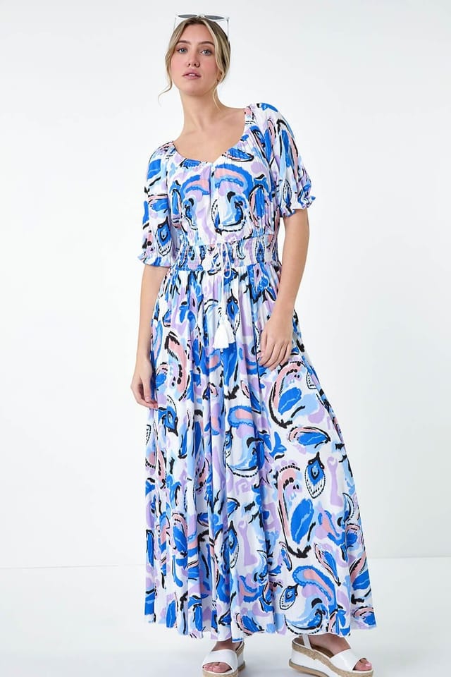 DUSK Dusk Women's Shirred Waist Abstract Print Maxi Dress in Blue - 2